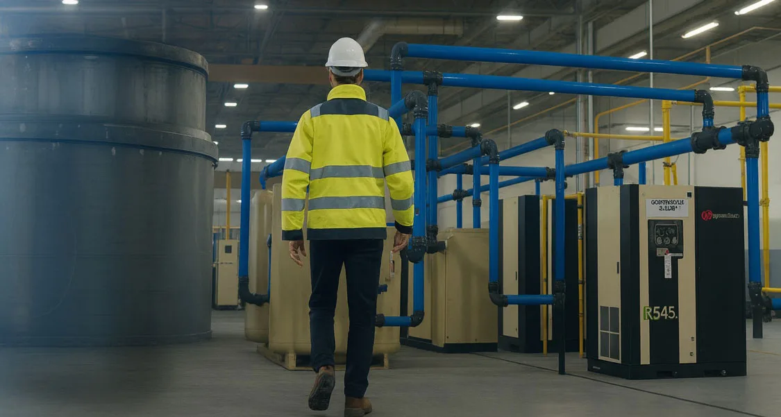 SWEM technician walking through a compressor room